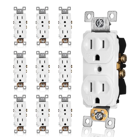 Faith Duplex Straight Blade Receptacle, 5-15R, 15 A, 125V AC, 2 Pole, 3 Wire, Flush Mount, Grounded SSRE2TR-WH-10